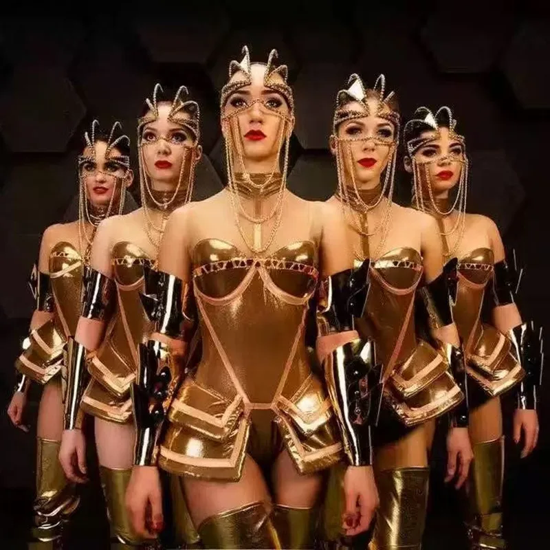 

Egypt Style Leader Dance Team Stage Wear Gold Laser Bodysuit Leg Cover Dance Outfit Nightclub Women Singer Performance Costume