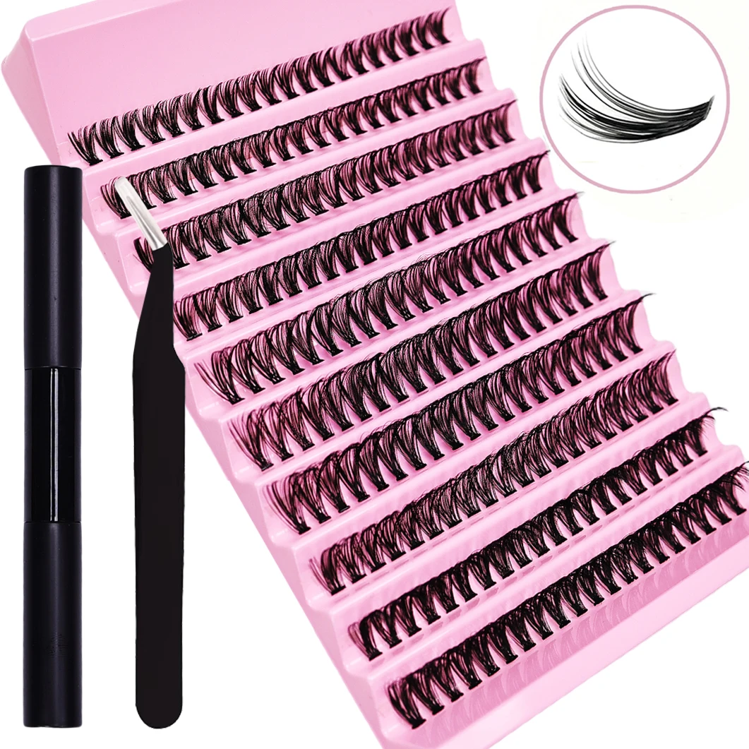 طقم وصلات الرموش، 200 قطعة من مجموعة الرموش الفردية D Curl، أطوال مختلطة مع ملاقط ولاصقة للاستخدام في المنزل