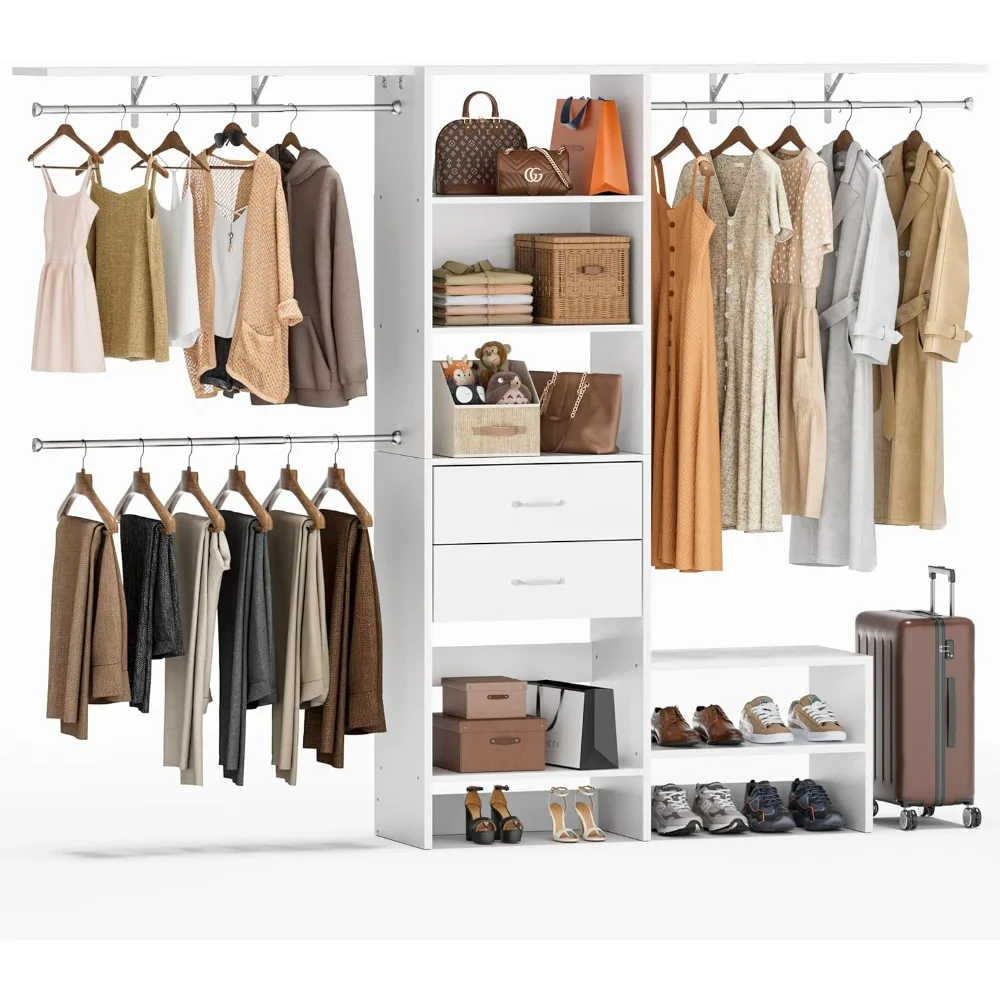 Closet System with Drawers Walk-In Closet Organizer with  Adjustable Hanging Rods Wood Closet Storage Heavy Duty Clothes