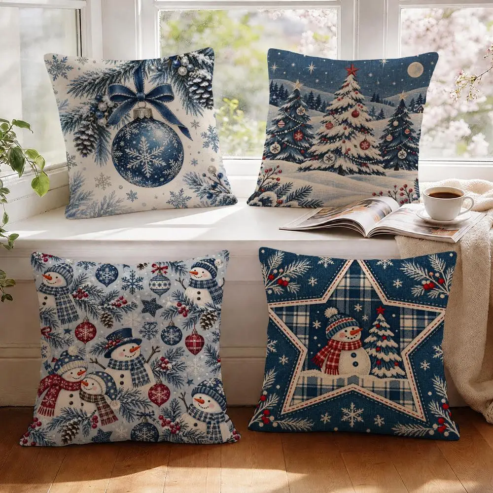 Frosty Holiday Wall Decor Cushion Cover 1/4Pcs Linen Throw Pillow Covers Double-Side Print Sofa Couch Living Room Decor