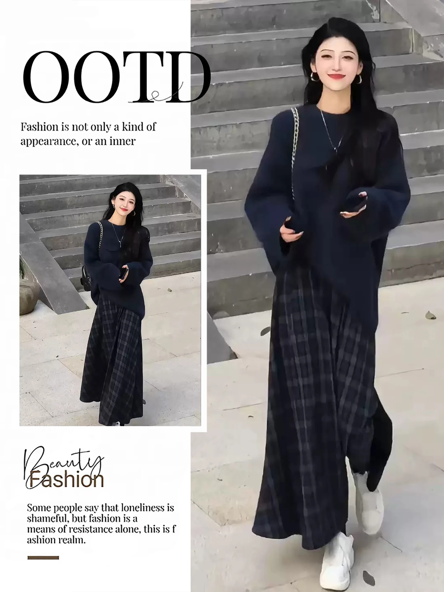 

French Style Autumn Fashion Set Women's Loose Soft Sweater Plaid Skirt High Waist Universal Fit Long Sleeve round Neck