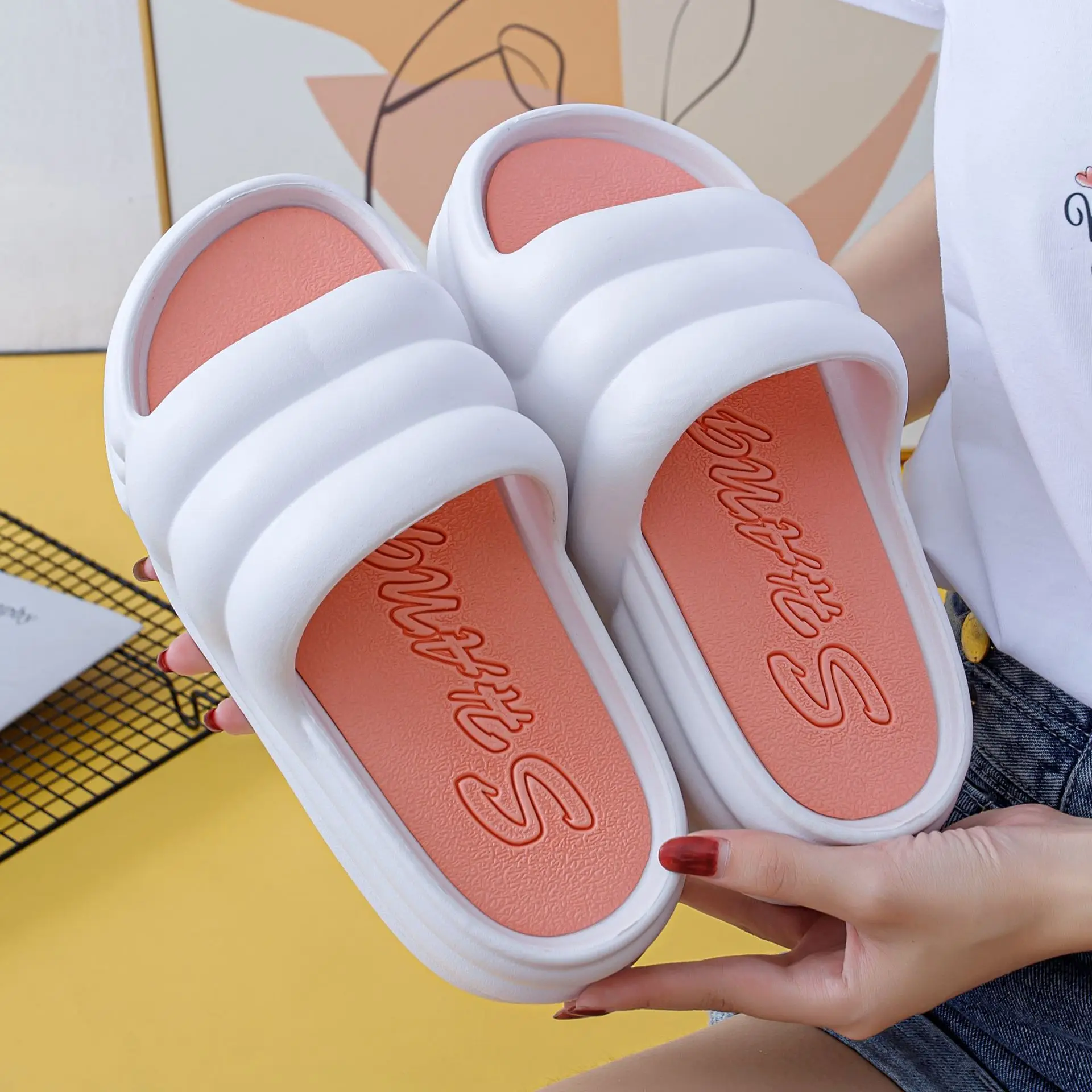 New thick soled bread slippers in summer EVA fashion wear waterproof  soft feeling ins wear women's home bathroom slippers