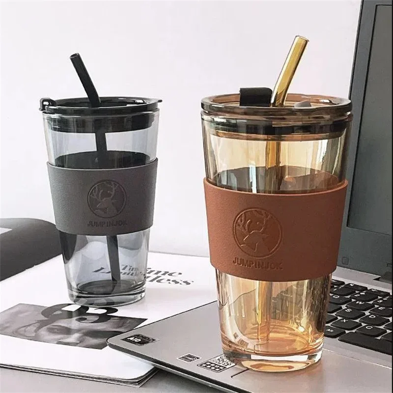 350/450ml Coffee Straw Cup With Lid Heat-Resistant Water Bottle Beer Drinkware Coffee Mug With Straw Deer Printed Leather Glass