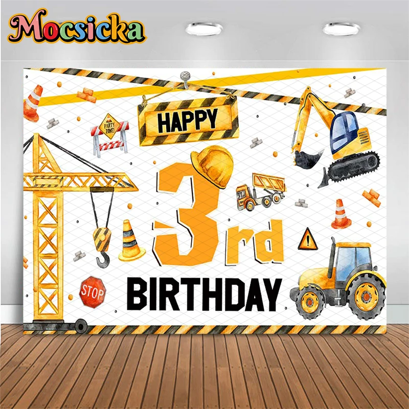 Mocsicka Happy 3rd Birthday Photography Backdrop Construction Truck Crane Excavator Tractor Traffic Boys Party Photo Backgrounds