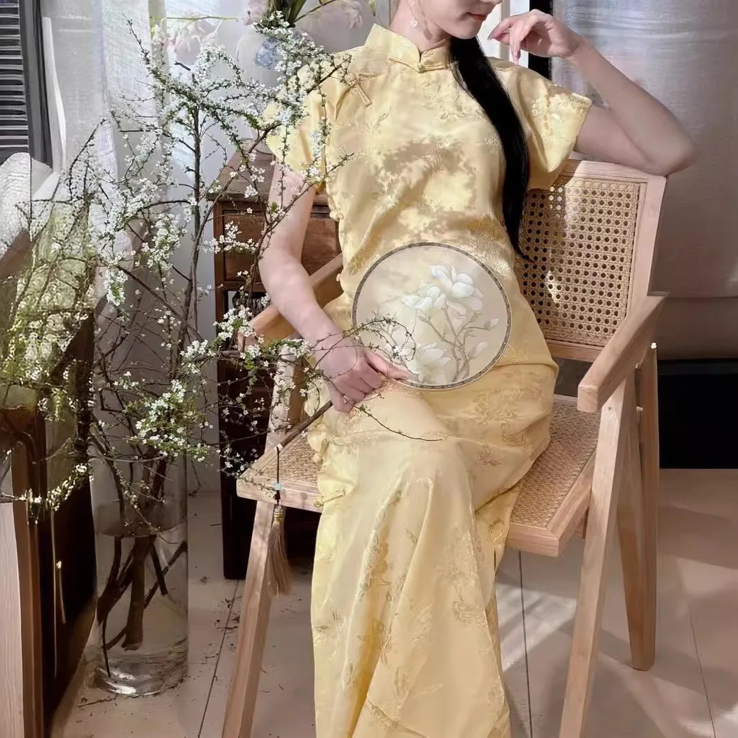 شيونغسام أصفر للنساء ، تشيباو محسن ، أكمام قصيرة ، فراشة زهرية عتيقة ، على الطراز الصيني ، فساتين طويلة ، راقية ، جديدة ، #6