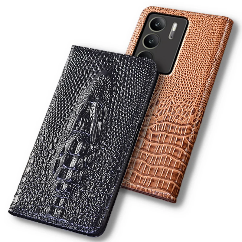 

Чехлы для OPPO Realme C75, 3D чехол-раскладушка с головой крокодила, роскошный чехол из воловьей кожи с карманом для карт, магнитные чехлы-кошельки