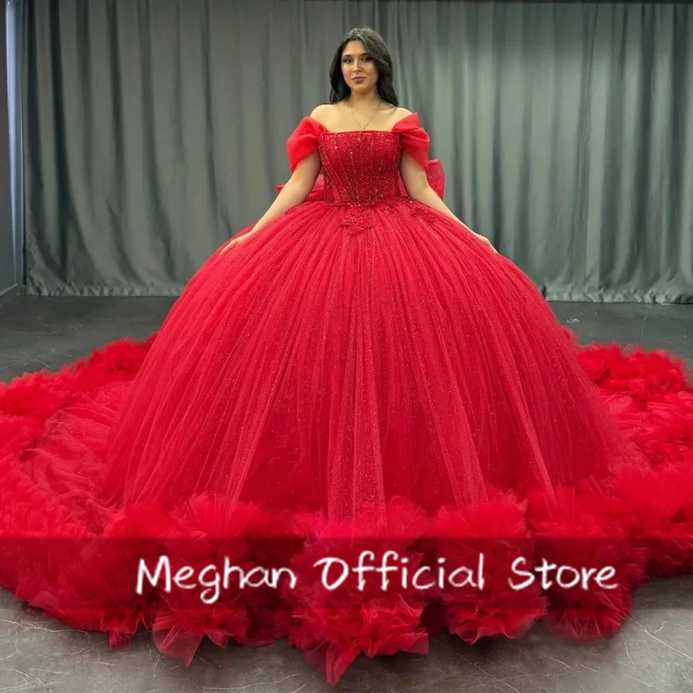 

Красное платье Quinceanera для девочек с открытыми плечами, плиссированными бантом и аппликациями, Vestidos De 15, Quinceanera по индивидуальному заказу