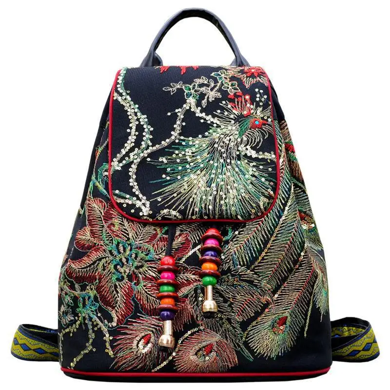 Peacock Sequins Embroidered Women's Canvas Backpacks Ladies Floral Rucksacks Woman Small School Back Bag Bagpack 2025 Gift New