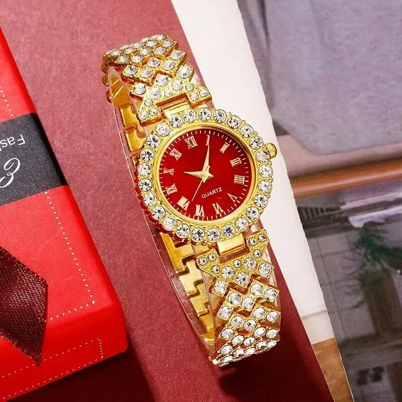 Golden Luxury Watch Women Ring Necklace Earring Rhinestone Fashion Wristwatch Casual Ladies Bracelet Watches Jewelry Set - view 4