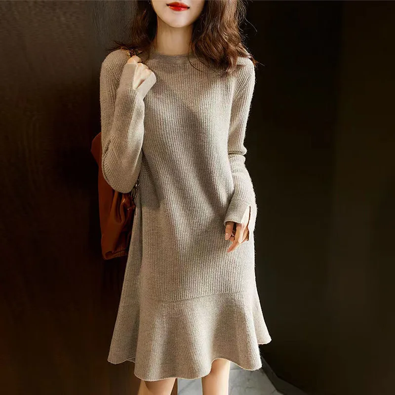 

Fashion Ruffle Pullovers Dress Autumn Winter Thicken Warm Long Sleeve Knitwears Woolen Women Bottoming Sweater свитер женский