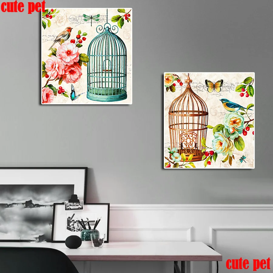 5d diy Diamond Painting Bird cage and flowers diamond Embroidery full square drill Mosaic Diamond cross stitch home decor 2PCS