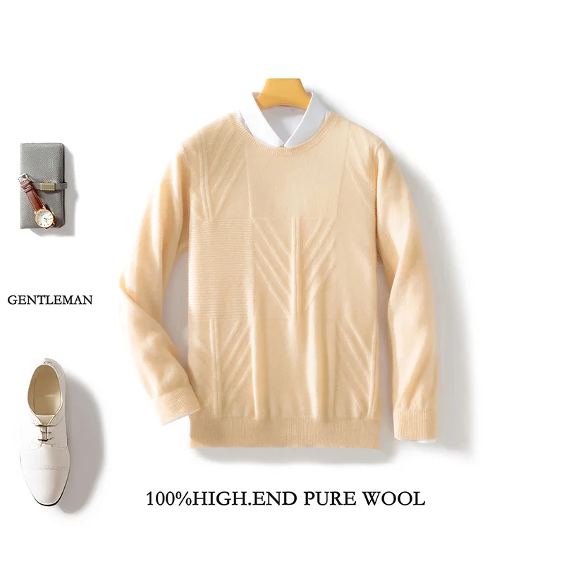 Autumn And Winter 100% Pure Wool Men's Round Neck Long Sleeve Pullover Business Casual Sweater Knit Bottoming Shirt