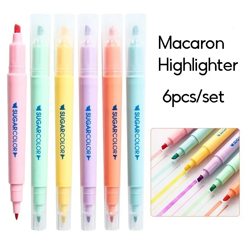 6pcs/set Cute Candy Color Highlighter Pen Stationery Double Headed Fluorescent Mark Pen Office School Supplies