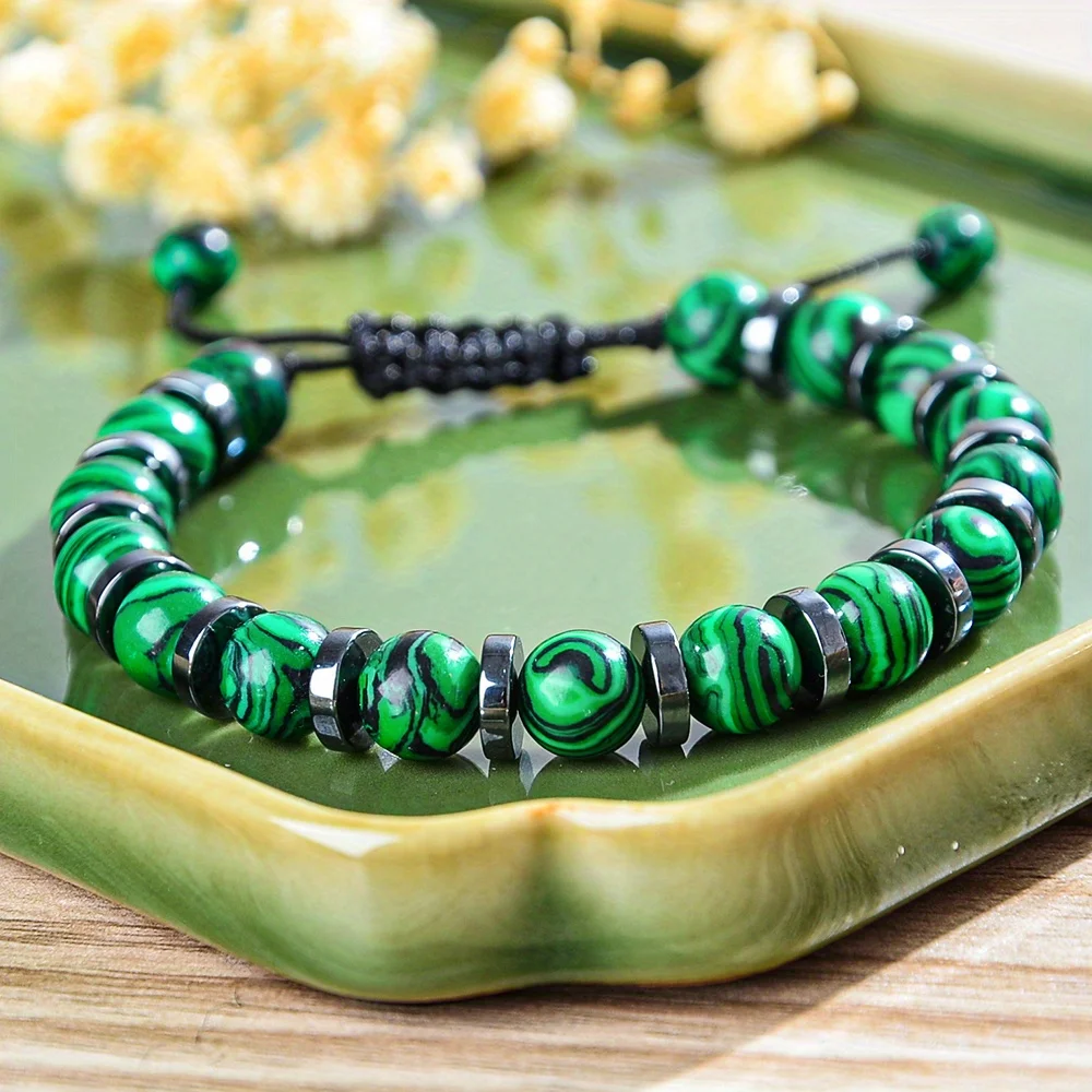 Pfauenperlen-Armband – verstellbares geflochtenes Seil-Armband aus grünem Stein, verwendet für Heilung, Schutz, Modeschmuck-Geschenke