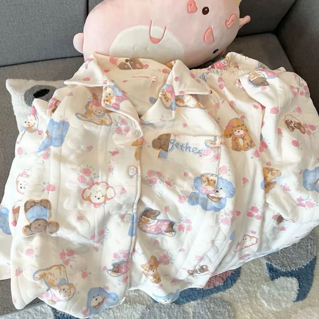Kawaii nadruk z psem bielizna nocna damskie zestawy piżam zimowe ciepłe pikowanie dzianinowa bawełniana bielizna nocna miękkie długie rękawy zapinana na guziki piżama