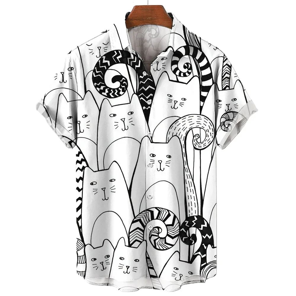 Camisa de botão manga curta masculina, top estampado padrão gato, linha dos desenhos animados, moda casual