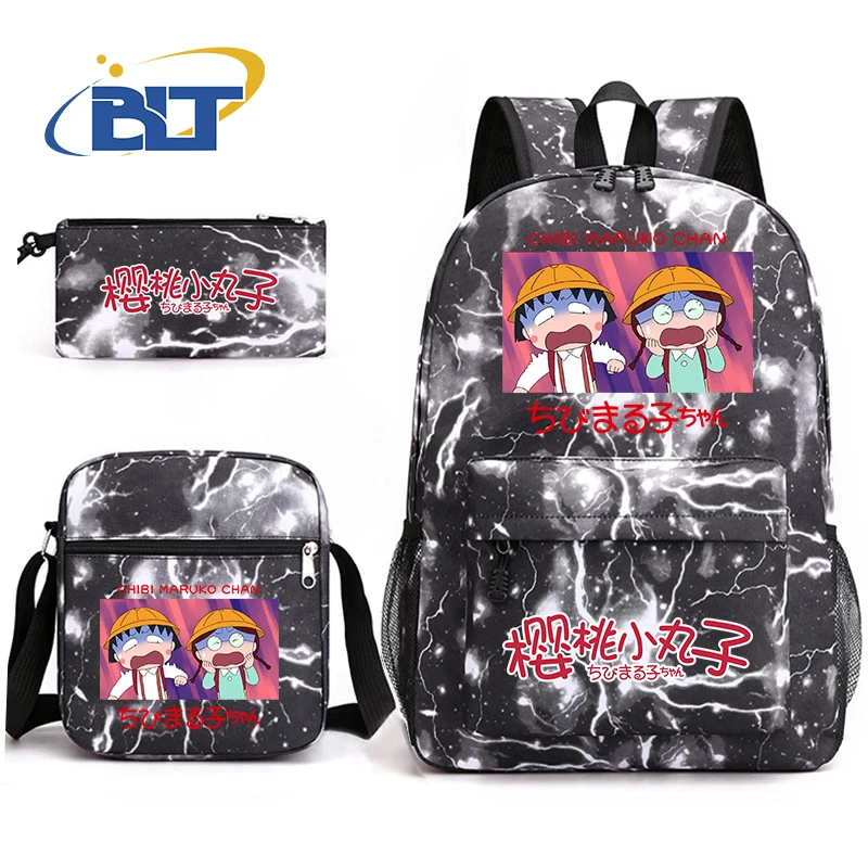 MINISO Chibi Maruko-chan printed student school bag set Children's pencil case backpack shoulder bag three-piece set