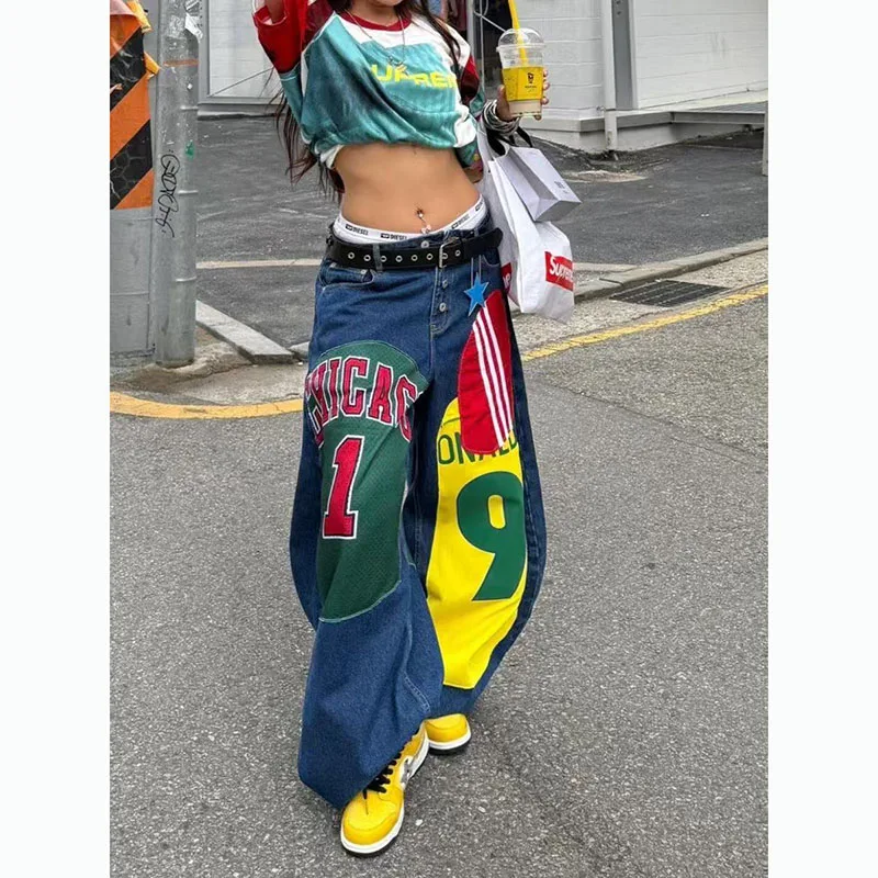 American High Street Heavy Design Sense Tapestry Printed Jeans Spice Girls Trendy Hip Hop Wide Leg Floor-Length Pants