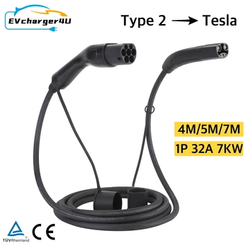 EVcharger4U 1Phase 32A 7KW 4M/5M/7M Type2 To NACS EV Charger Cable IEC62196 Type2 to Tesla Model 3 Y X S Station Charging Cables