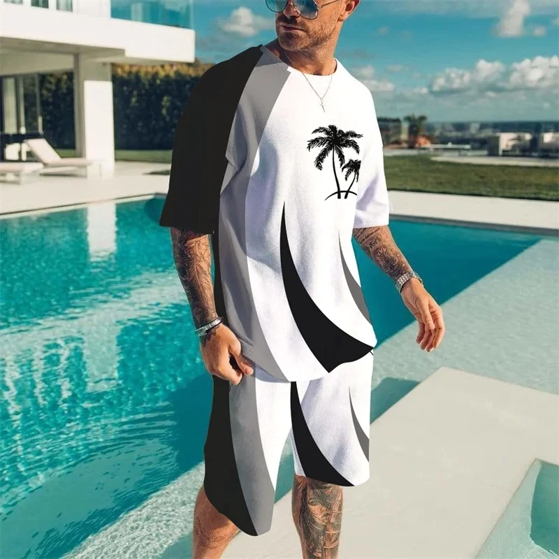 

Striped T-shirt 2Pcs Men 3D coconut tree Sets T-shirt +Shorts 2pcs set New Suit Boys Hawaii Fashion Oversized Casual Clothes