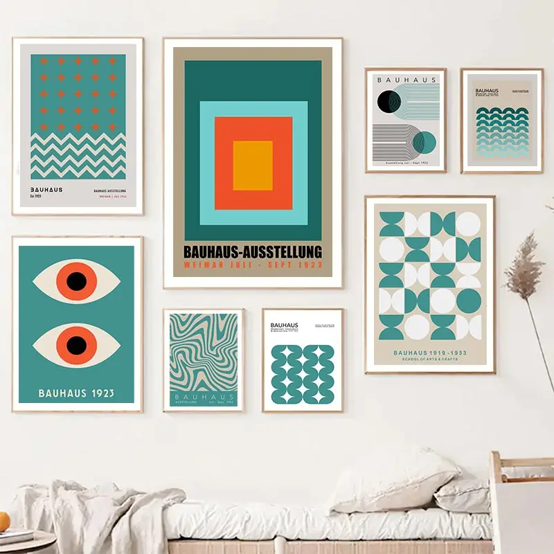 

Green abstract geometry Bauhaus art exhibition poster Nordic lines graphic canvas modern living room wall art picture home decor