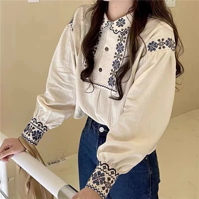 Retro Heavy Industry Embroidery 2024 Women\'s Spring and Autumn Pullover Lapel Panel Button Fashion Slim Fit Long Sleeved Shirt