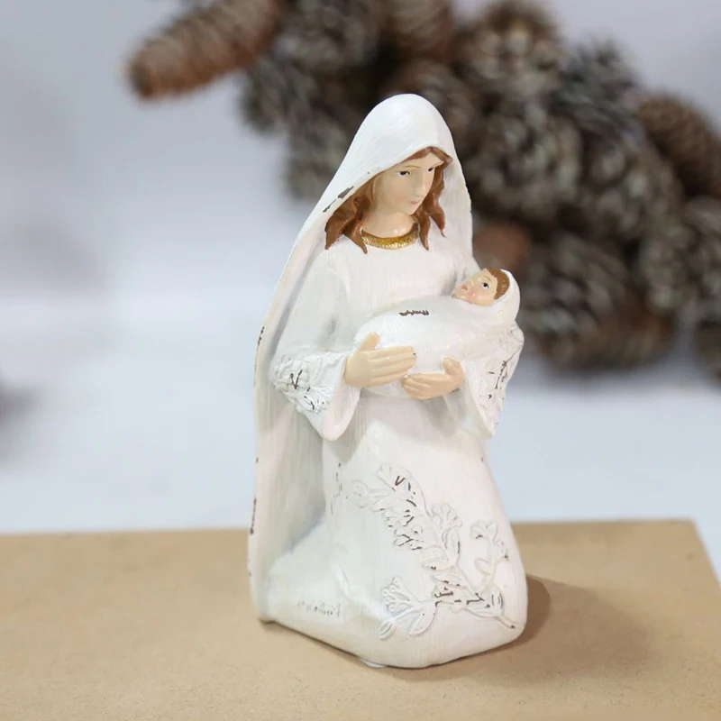 1PC Resin Craft Christmas Scene Religious Thanksgiving Christmas Ornament Retro Holy Family Figurine Statue Religious Home Decor