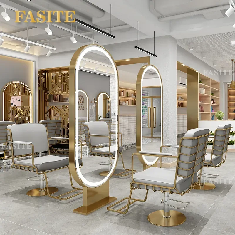 For Barber Shop Hair LED Mirror Table Single Double Sided Perm Dyeing Station Floor Standing Beauty Furniture with