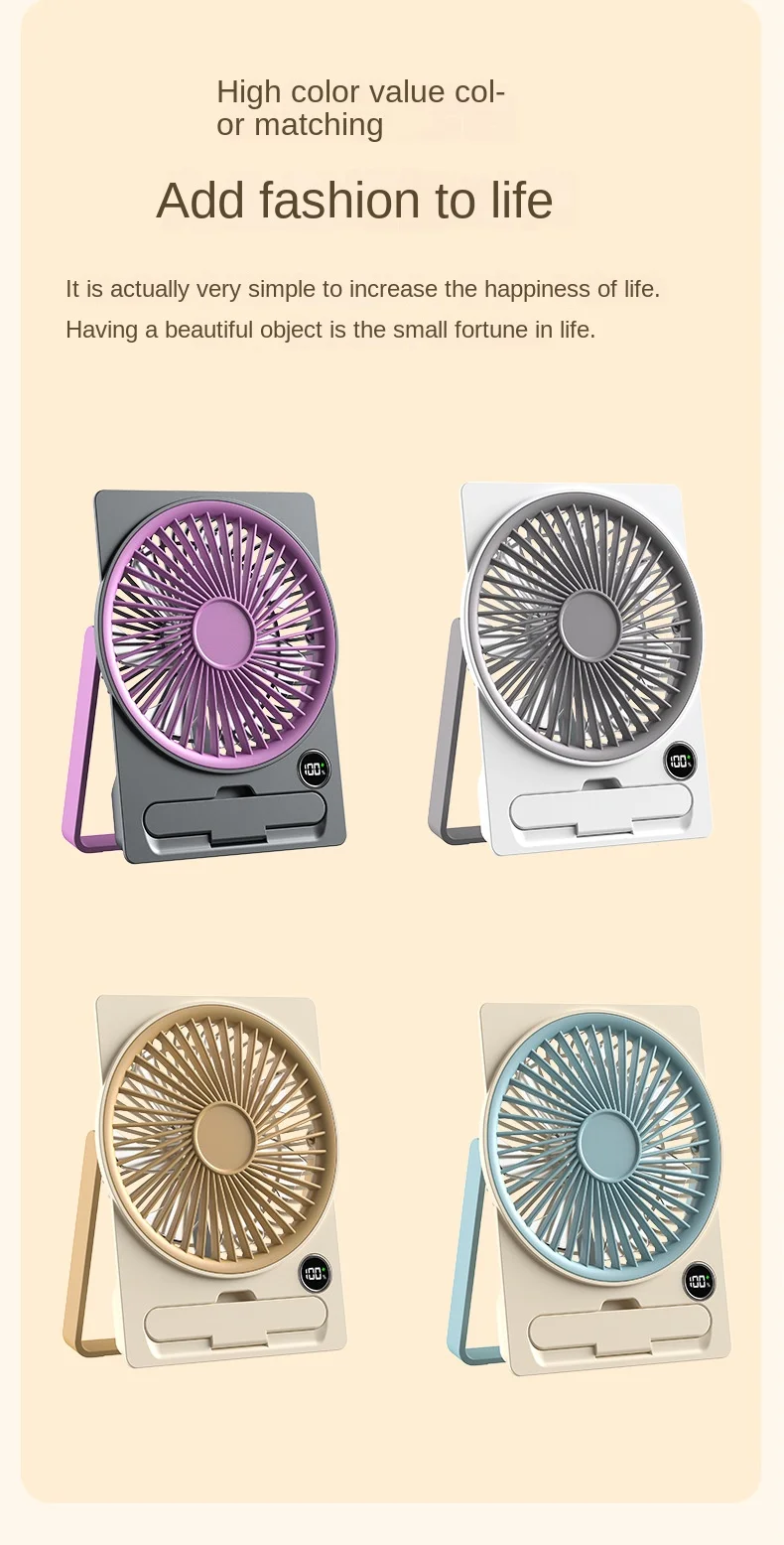 Ultra Thin Mini Fan USB Rechargeable Card Fan LCD Digital Display 6-speed Adjustment Hanging Stand Dual Use Desktop Fan