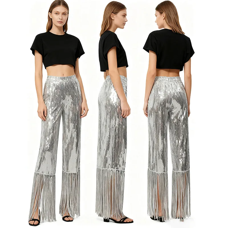 Shiny Fringe Long Trousers Fashionable Bar Stage Performance Clothing Hip Hop Style Shiny Pants Loose Elastic Waist Wide Leg