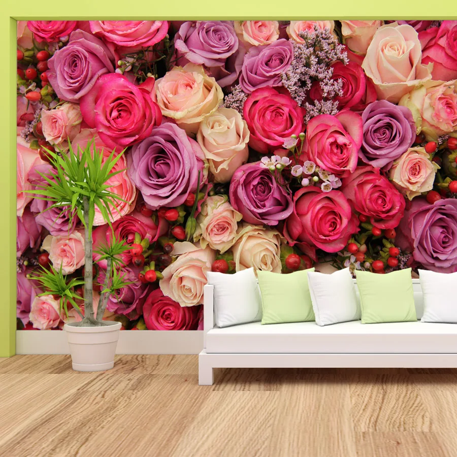 Modern Custom Peel and Stick Wall Paper Home Decor Panel Wallpapers for Living Room Decoration Bedroom Red Rose Floral TV Mural
