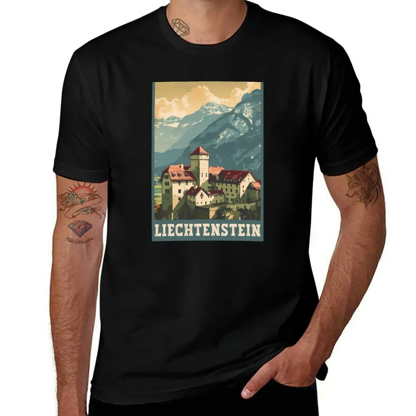 

Liechtenstein Vaduz Castle Travel Art T-Shirt tops luxury designer shirts men