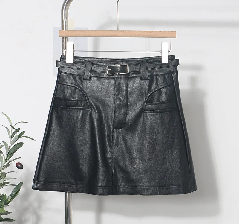 

Retro A Word Pu Leather Skirt Women's Autumn and Winter Fashion Anti-light High Waist Short Skirt with Belt