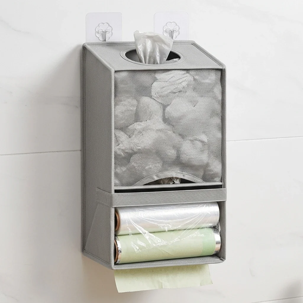 Wall Mounted Kitchen Storage Bag Organizer No Drilling Pull Out Garbage And Food Wrap Bags Holder For Home Office