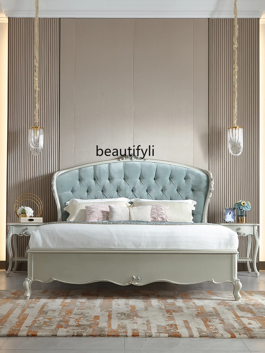 French Style Wood Carved Fabric Bed European Style Villa Large Flat Floor Master Bedroom Princess Bed