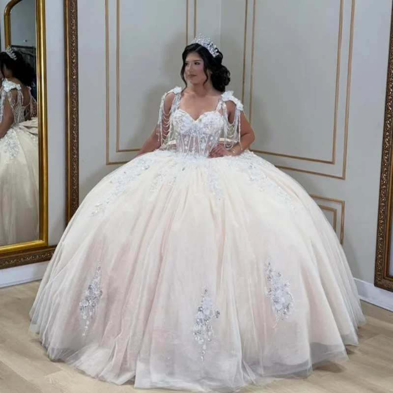 

ivory Quinceanera Dress Lace crystal Tull gold sequins flower decal Bow vestidos de 15 Quinceanera ﻿Customized