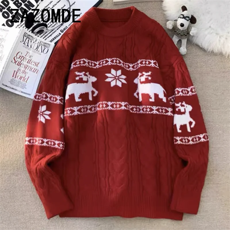 ZAZOMDE 2024 Maglione Invernale Nuova Maglieria Maglione di Spessore Caldo Maglioni Da Uomo Con Cervo Coreano Harajuku Natale Coppia Abbigliamento