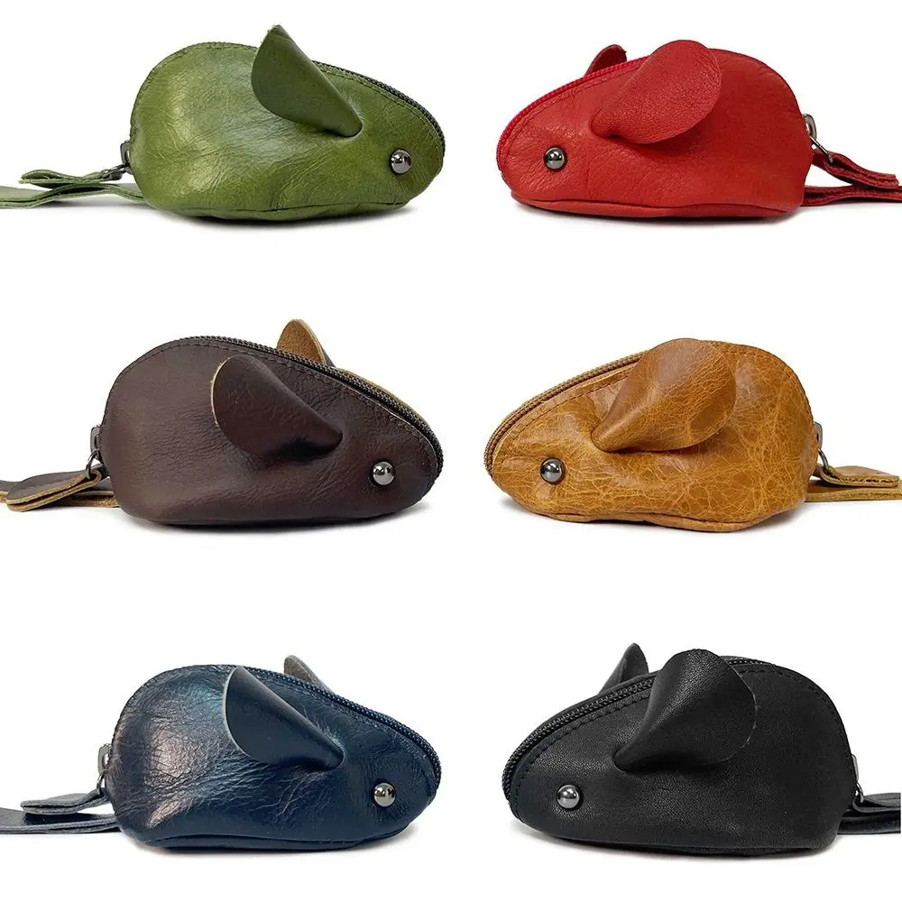 

Genuine Leather Mini Coin Purse Solid Color Cartoon Mouse Design Children's Key Bags Vintage Cute Storage Bag Men Women