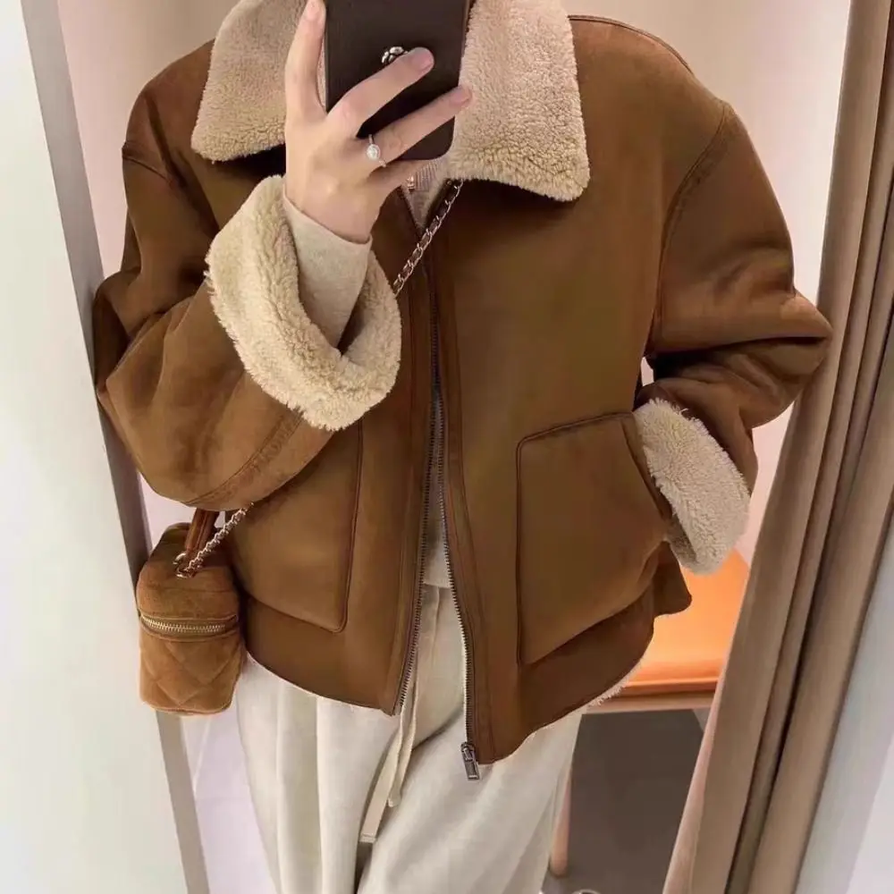 ملابس خارجية بياقة مقلوبة سترات سميكة عتيقة للتدفئة على الطراز الكوري سترة عصرية من فراء الضأن للخريف والشتاء