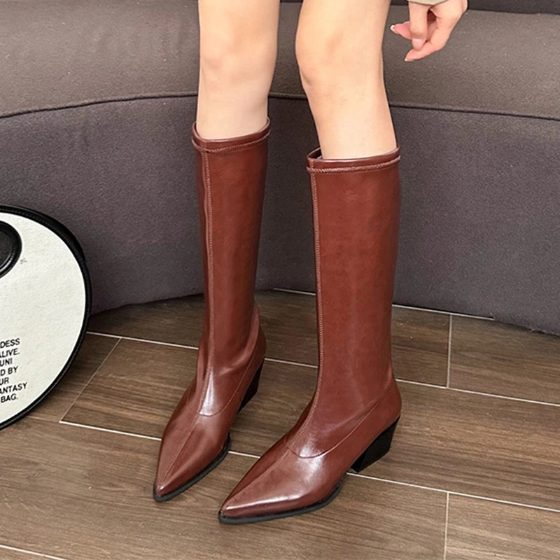 

Women Snow High Boots Pointed Toe Leather Chunky Knee High Shoes 2025 Trend Winter New Brand Chelsea Goth Pumps Botas Mujer