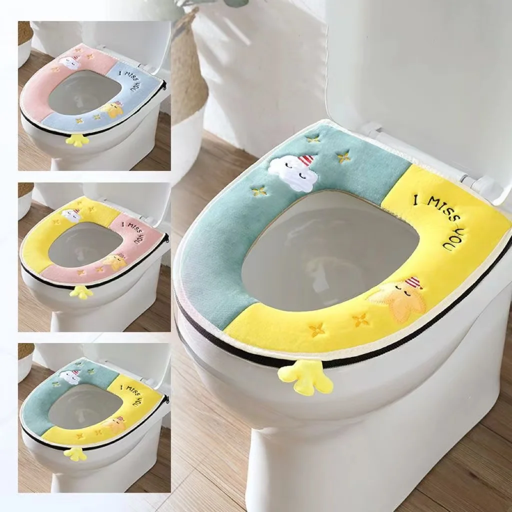 Universal Toilet Seat Cover with Lid Lifter Cute Animal Bathroom Toilet Pad Cushion Soft Thicken Washable Zippered WC Circle Mat