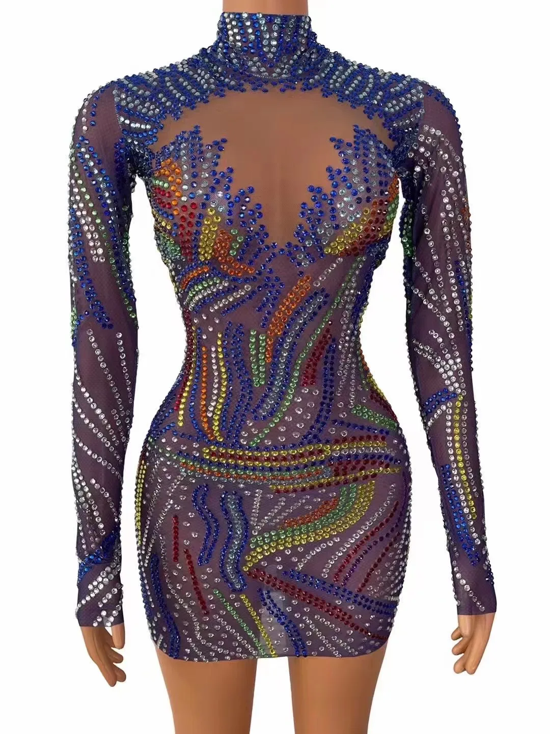 Women See Through Multi-color Rhinestone Dress Transparent Long Sleeve Dress Evening Birthday Celebrate Party Costume