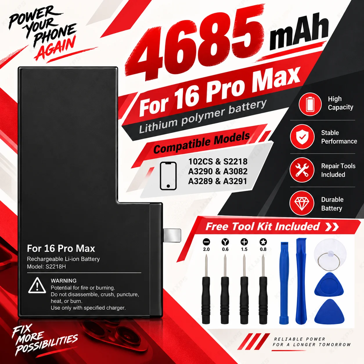 4685mAh 102CS S2218 A3290 Internal Single Cell Li-ion Battery for iPhone 16 Pro Max Replacement Repair Spare Part Bulk Wholesale