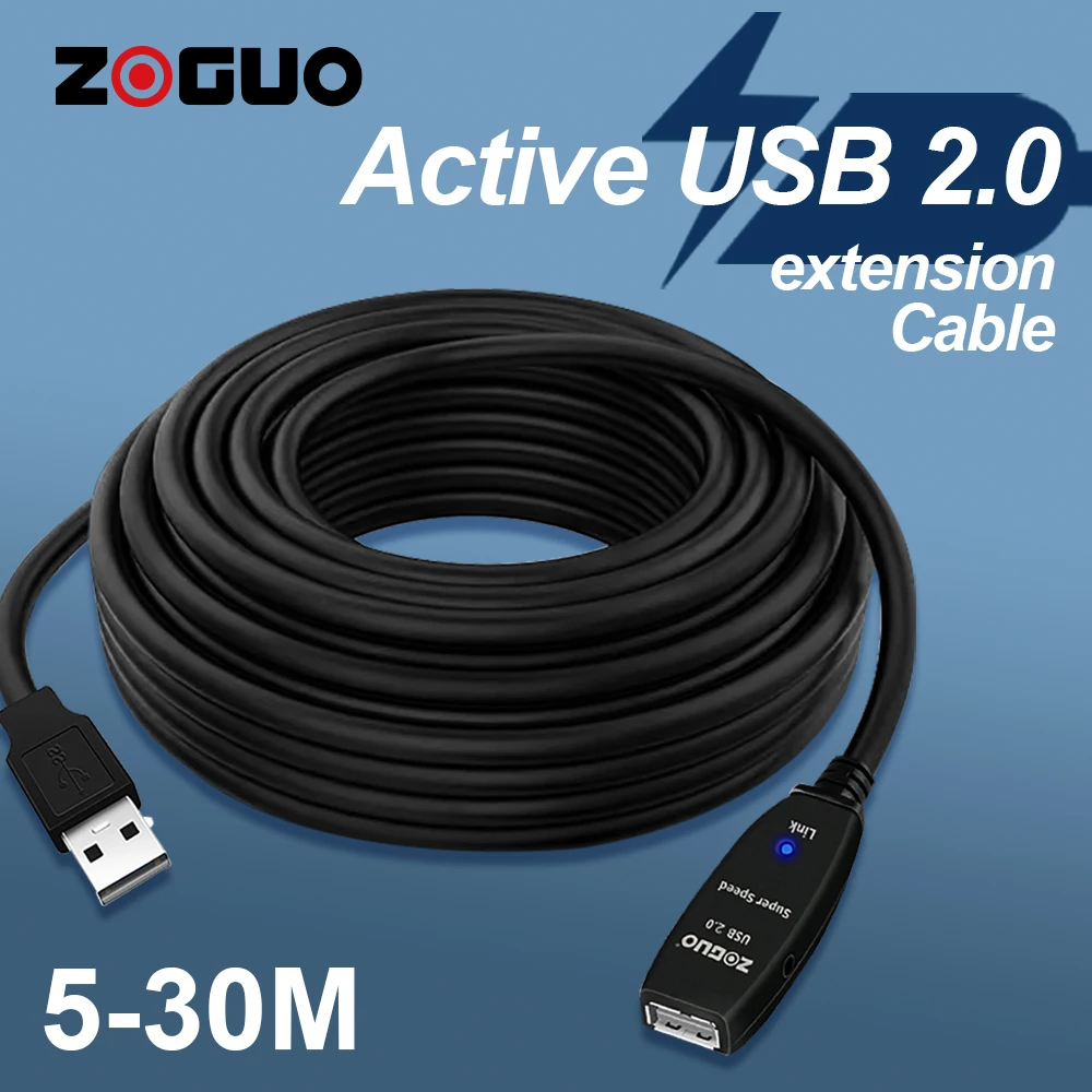 ZOGUO USB2.0 Extension Cable Active Repeater Male To Female with amplifier 10m/15m/20m for Smart TV Box Laptop PC Xbox One SSD