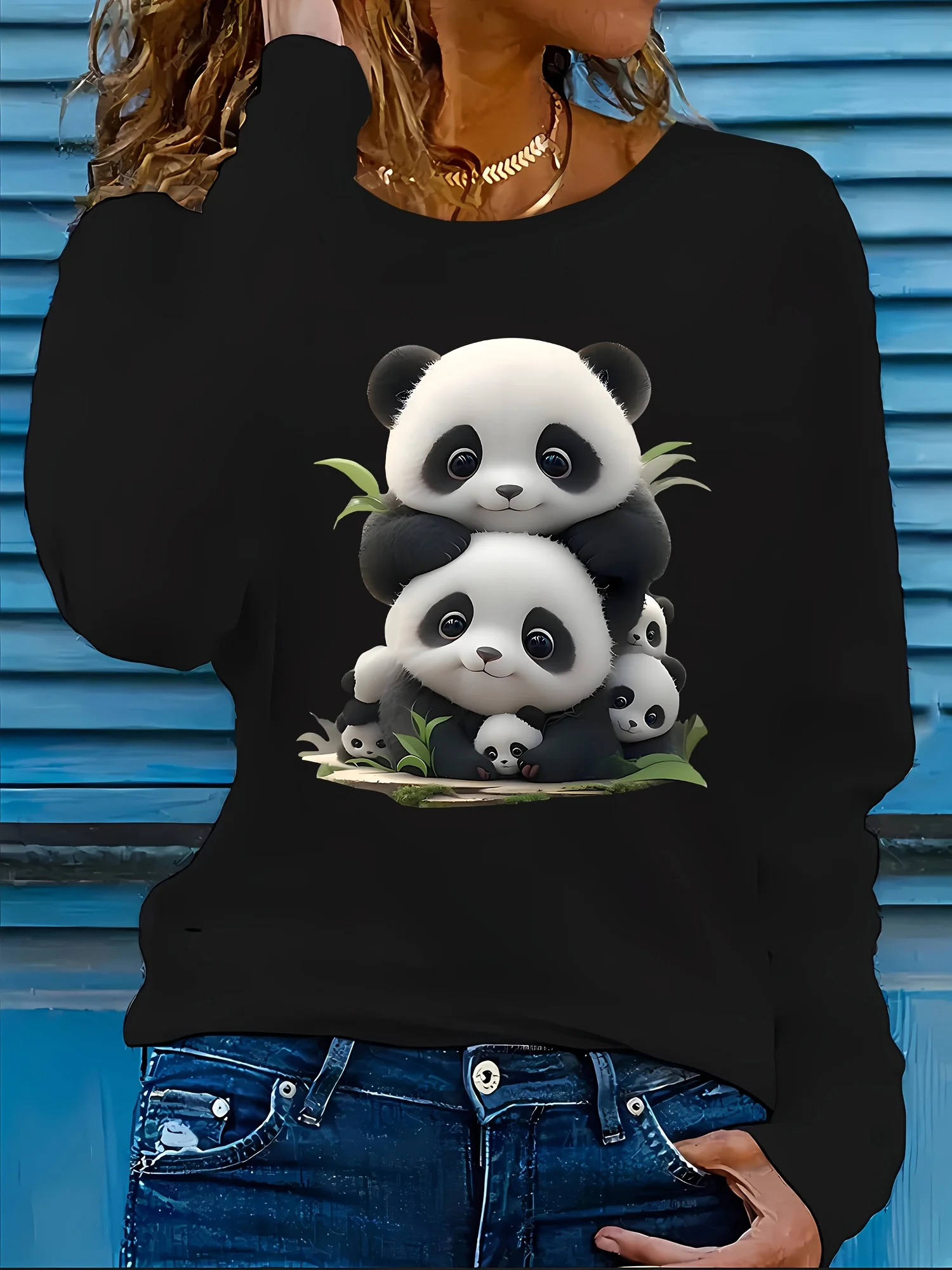 Spring/Autumn Women'S Casual Long Sleeve T-Shirt, Cute Panda Print Pattern, Round Neck T-Shirt Women'S Clothing