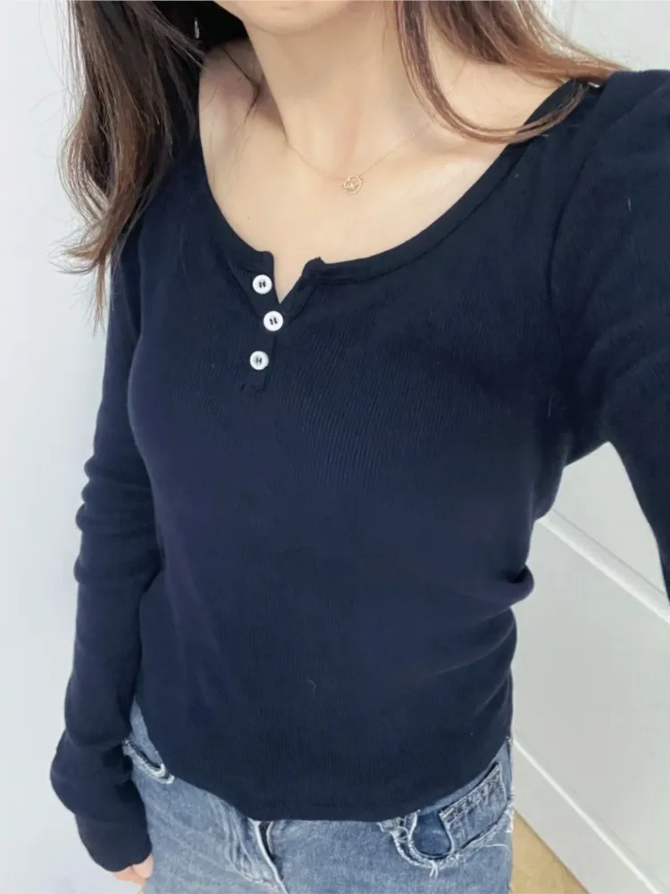 

Темно-синие футболки в рубчик с длинными рукавами и тремя пуговицами, женские мягкие футболки с круглым вырезом, топ, женские винтажные милые футболки в консервативном стиле Y2k, уличная одежда