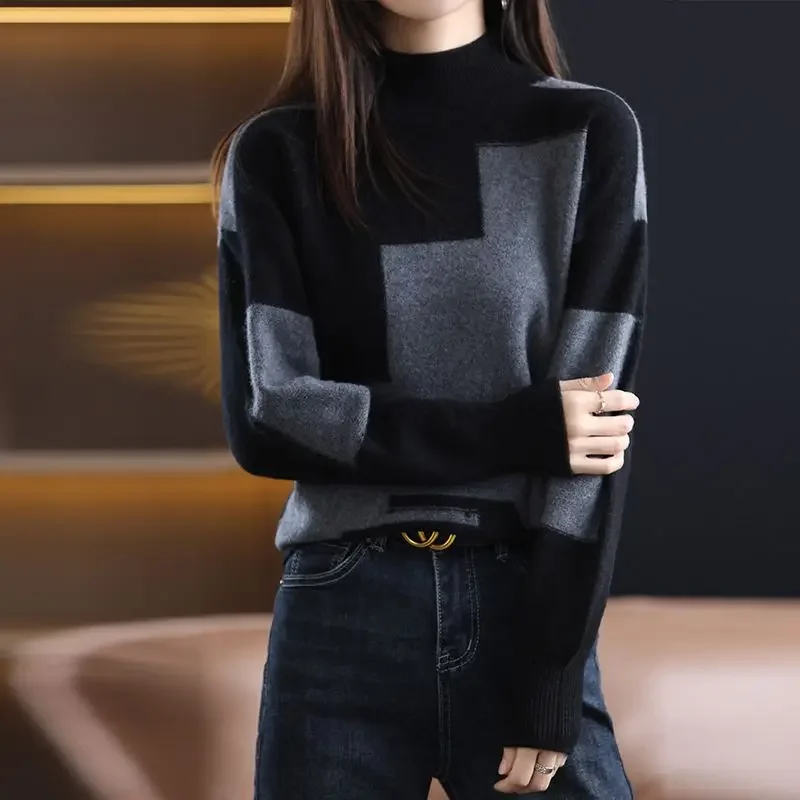 

Women's Autumn Winter Round Neck Contrasting Solid Screw Thread Flocked Long Sleeve Sweater Knitted Undershirt Casual Loose Tops