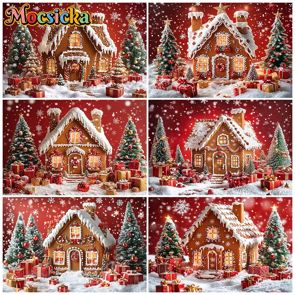 

Mocsicka Christmas Gingerbread House Photography Backdrop Red Tapestry Wall Hanging Snowflake Tree Gift Studio Background Banner