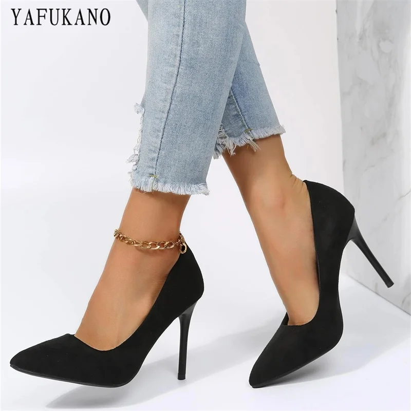 Fashion Point Toe Solid Flock Stiletto High Heels 10Cm/7Cm Sexy Women Pumps Elegant Ladies Office Work Shoes Small Size 33