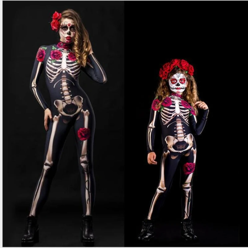 Halloween Ghost Bride Costume for Girls Skeleton Rose Print Long Sleeve Jumpsuit Spooky Theme Party Cosplay Outfit